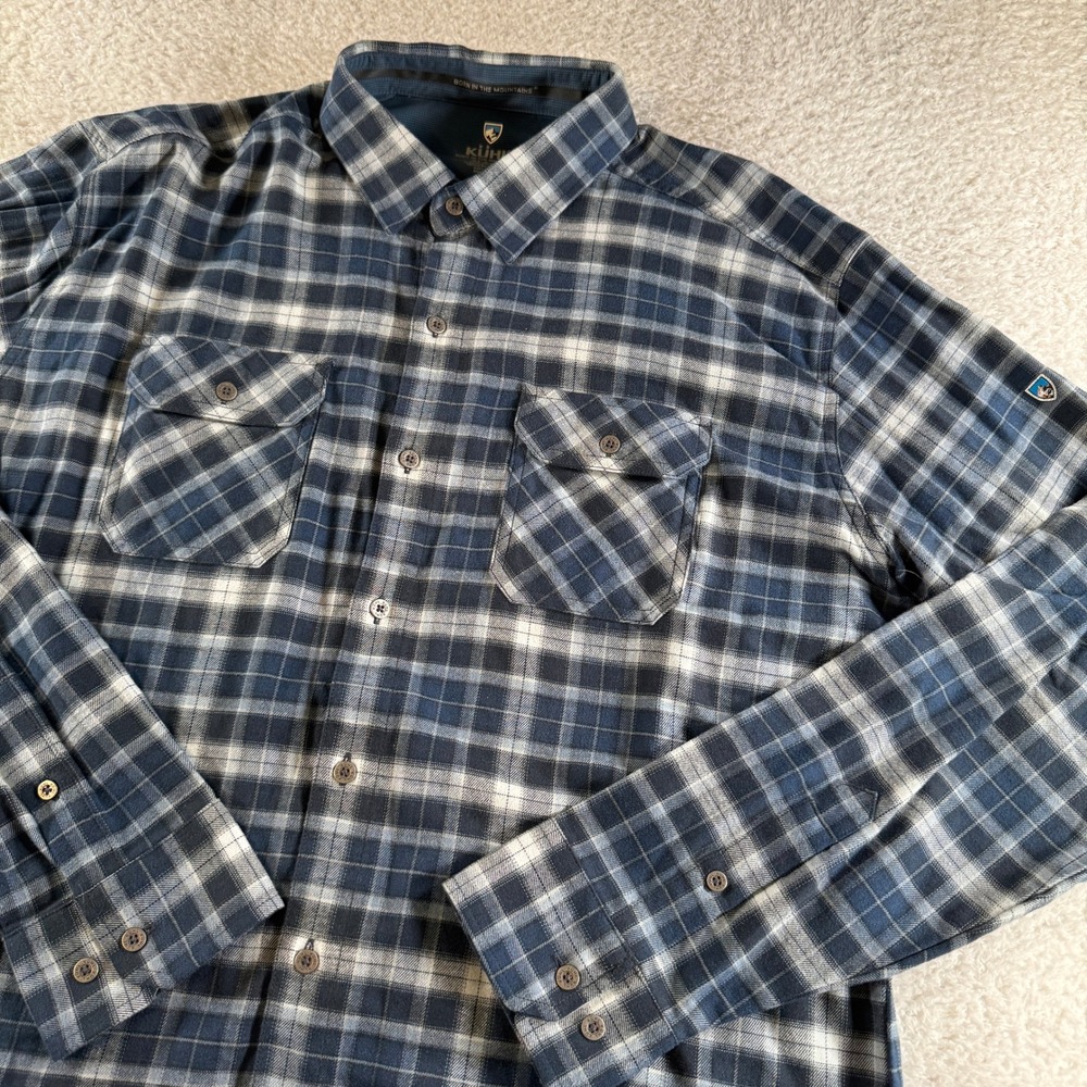 Kuhl Plaid Button Down Shirt Mens XL Blue Grey Excellent Long Sleeve Flannel